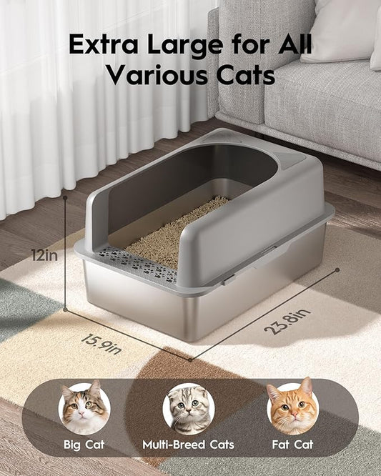 Stainless Steel Cat Litter Box, Extra Large High Sided Litter Boxs for Big Cats, XL Metal Litter Box with Lid, Non Stick, No Smell, Easy to Clean, Included Scoop