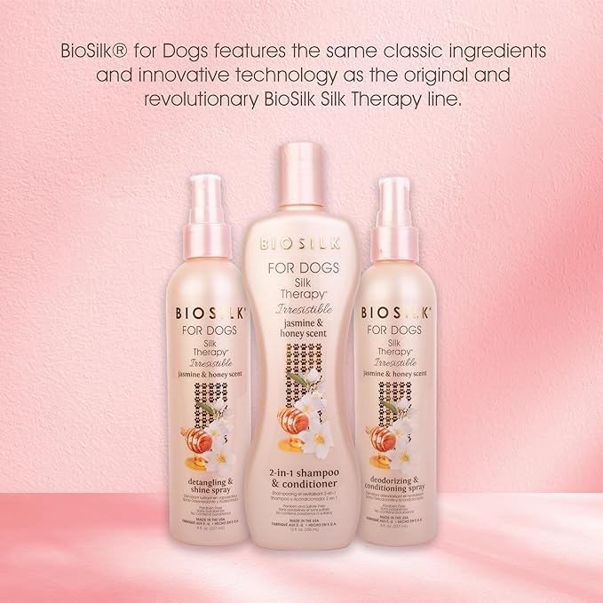 BioSilk for Dogs Silk Therapy Irresistible Detangling and Shine Spray, Jasmine and Honey Scent, Hydrolyzed Silk Proteins, Paraben Free, pH Balanced for Dogs, Safe for Dogs 8 Weeks+, 8 fl oz