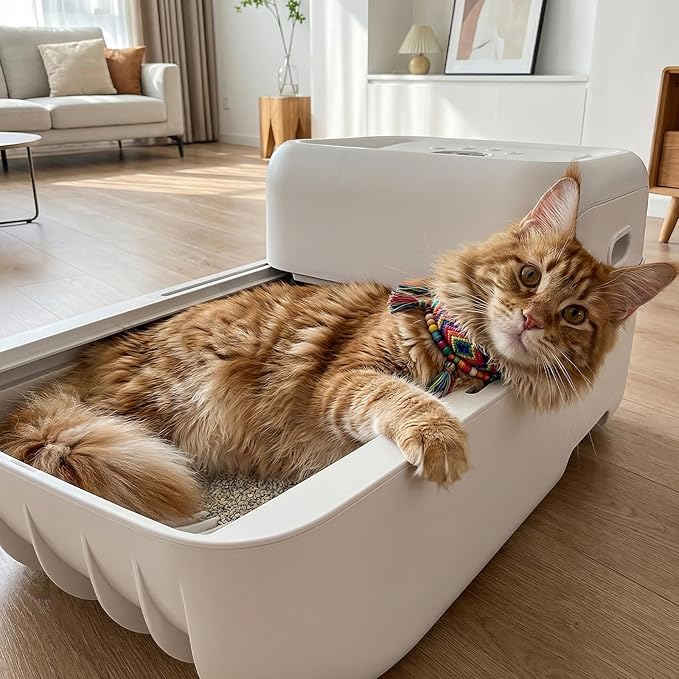 Open Top Self Cleaning Cat Litter Box, Automatic Litter Box for Multiple Cats with APP Control and Safety Protection