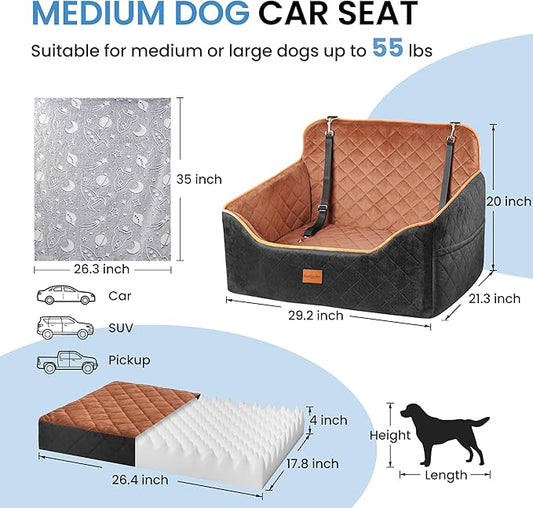 Dog Car Seat for Medium Dogs - Pet Car Seat with 2 Safety Straps & Waterproof Padding, Portable Pet Carrier for Cars, Trucks & SUVs, Comfortable Booster Bed for Pets Up to 55lbs (Black/Coffee)