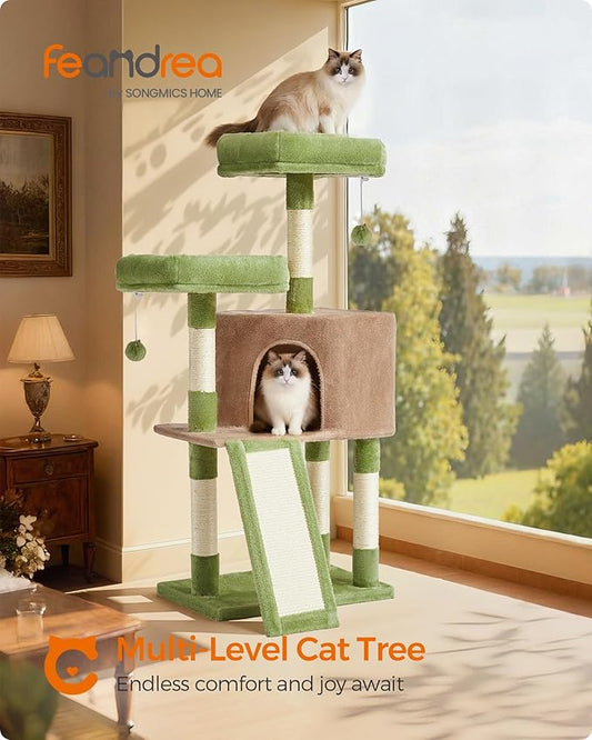 Feandrea Cat Tree, 45.3-Inch Cat Tower, Plush Condo with Scratching Post, Ramp, Perch, Spacious Cave, for Small Space, Grass Green and Camel Brown UPCT141CB03