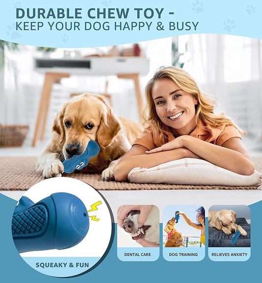 Durable Dog Chew Toy for Aggressive Chewers, Tough Natural Rubber Squeaky Dog Toy with Irresistible Beef Flavor, Dental Care, Teeth Cleaning & Boredom Relief for Medium & Large Dogs (Blue)