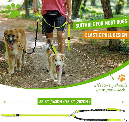 LED Double Dog Leash, 360° Swivel Dual Dog Walking Leash, Comfortable Shock Absorbing Lead for Dog, Reflective Removable Bungee for Two Dogs