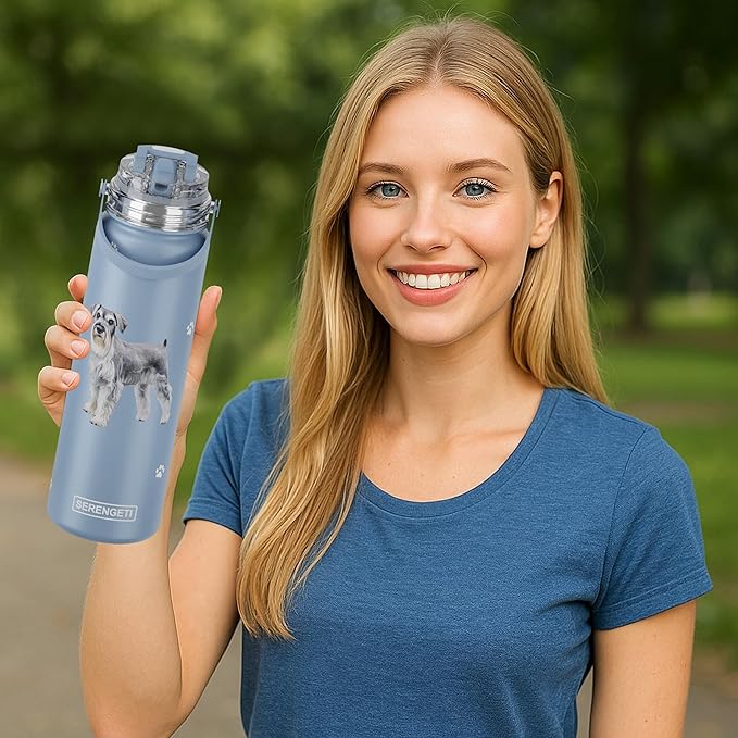 SERENGETI 24 Oz Water Bottle Stainless Steel with Spill Proof Lid - Double walled Vacuum Insulated water flask - Realistic 3D Print of your favorite dog (Schnauzer)