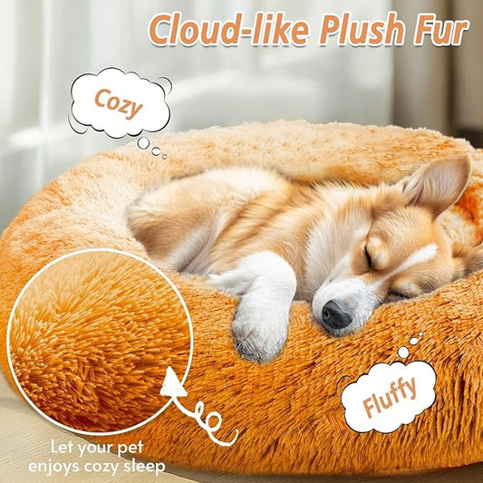 JOLLYVOGUE Calming Dog Bed Medium Size Dog, 31in Donut Washable Medium Pet Bed, Anti-Slip & Anti-Anxiety Fluffy Faux Fur Round Dogs Bed, Fits up to 45 lbs Pets (Orange)