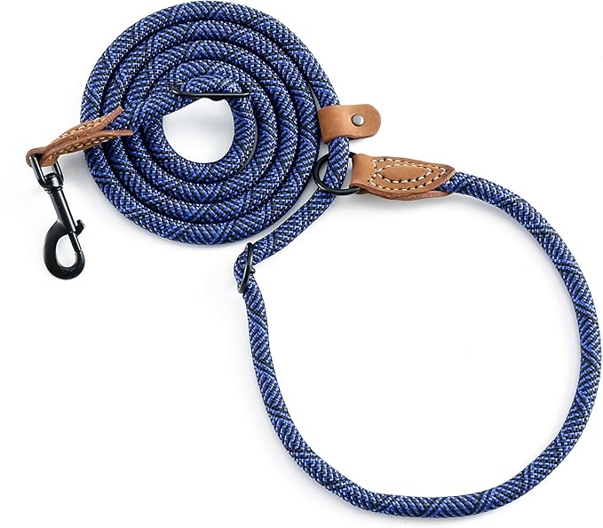 Mile High Life Hands Free Dog Leash, Crossbody Waist Leash with Genuine Leather Connection, Multifunctional Adjustable Slip Lead for Dog Walking Running (Blue, 7FT)