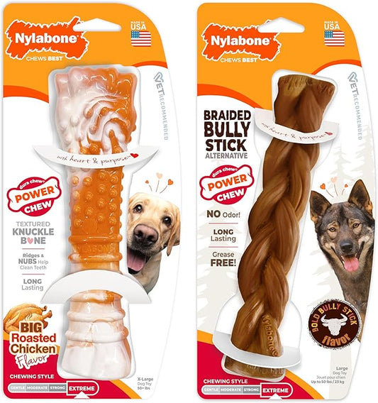 Nylabone 70th Birthday Textured Bone & Braided Bully Stick Alternative Power Chew Toys for Dogs, Tough Dog Toys for Aggressive Chewers, Chicken & Beef Flavor, Large Dogs - Up to 50 lbs, 2 Pack