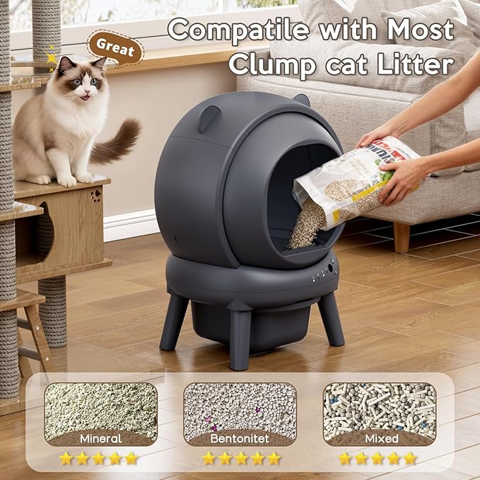 Automatic Litter Box, Self Cleaning Litter Box with App Control, Large Capacity for Multiple Cats, Noise & Odor Control, Dual Safety Sensors, Easy Maintenance with 2 Roll Garbage Bags, Gray