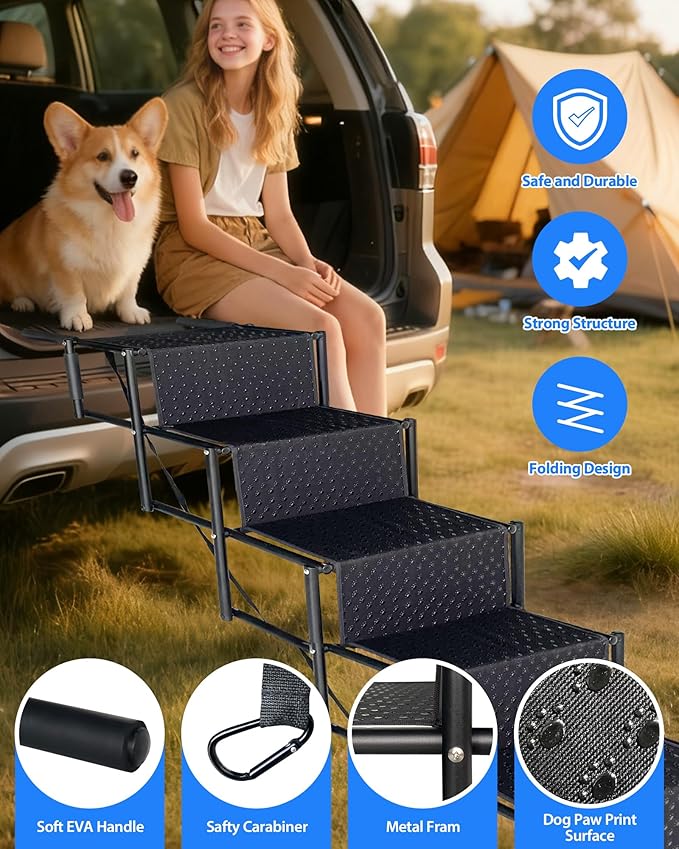 5-Step Foldable Dog Stairs for Car, SUV & Truck (34"–38" Height) – Lightweight Pet Steps with Non-Slip Surface, Portable & Joint-Friendly, Supports Small & Medium Dogs up to 100 lbs