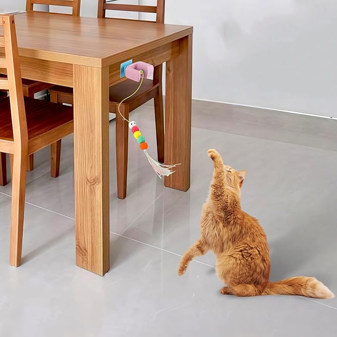 Automatic Hanging Cat Toy for Indoor Cats, Electric Doorway Cat Teaser with Motion Sensor, Quiet Motor & Retractable Rope, Includes 3 Replaceable Feather Attachments, USB Rechargeable, Pink