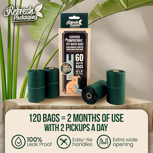 Pet Compost Waste Bags - 100% Certified Compost Dogs Poop Bag - Garbage Holder With Handles - Cat & Dog Poo Litter Disposable Bag - 2 Pack - 60 Bags Per Box