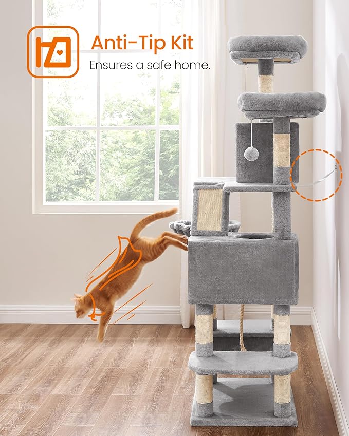 Feandrea Cat Tree, 66.1-Inch Large Cat Tower, Multi-Level Plush Condo with 13 Scratching Posts, 2 Perches, 2 Caves, Basket, Hammock, Pompoms, Light Gray UPCT165W01