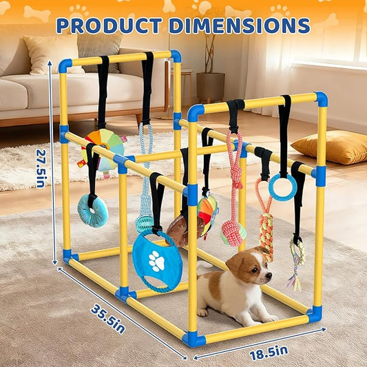 Large Puppy Play Gym & 10 Hanging Toys Indoor Play Gym Interactive Dog Toys for Boredom Enrichment Activity for Small Dog Teething PVC Frame Stretchy Rope with Velcro (35.5 x 27.5 x 18.5 inch)