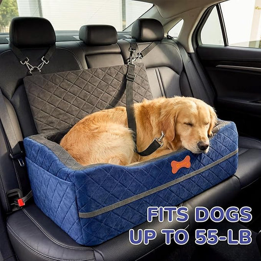 Dog Car Seat for Medium Large Dogs, 4" Elevated Dog Booster Seat with ISOFIX Safety Fixation, Washable Cover & High Density Memory Foam, Portable for Car Front/Rear/Trunk Home Outdoor Use (Navy Blue)