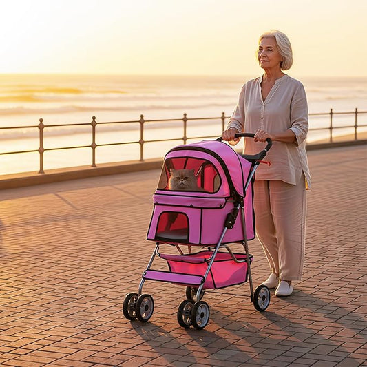 BestOffice Pet Stroller for Small Medium Dogs & Cats, 4-Wheel Foldable Dog Stroller with Cup Holder, Lightweight Travel Carrier, Waterproof Design for Outdoor Walks, Pink