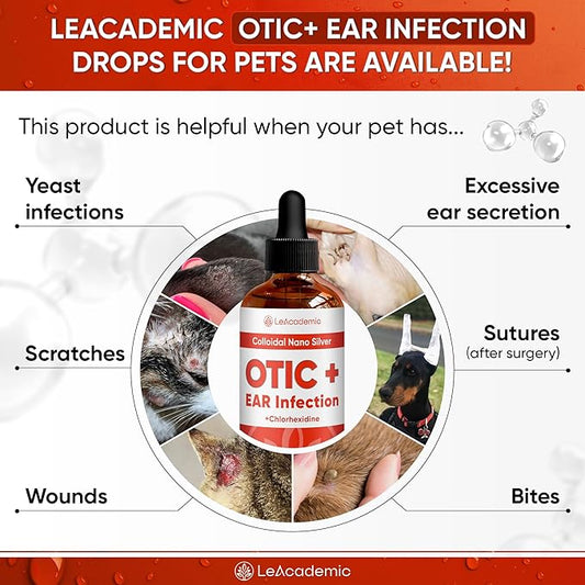 Dog Ear Infection Treatment | OTIC+ Ear Infection Treatment for Dogs & Cats | Cat Cleaner Drops | Chlorhexidine Wash for Pets | Helps with Otic Irritations & Itchings | Nano Silver | 2 Oz