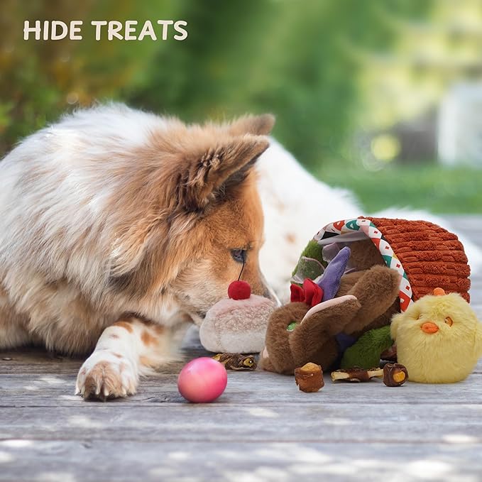 Nocciola Dog Easter Basket Dog Toys - Durable Stuffed Plush Bunny Dog Squeaky Toys for Small, Medium and Large Breeds, Easter Basket with Egg & Rabbit & Chick & Cake Puppy Toy
