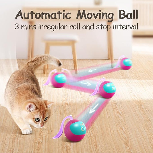 Migipaws 2-in-1 Interactive Cat Toy Ball – Paw Friendly Kicking Chasing Ball with Bonus Fluffy Tail for Indoor Cats Random Rolling Auto Escape Corners Tangle-Free Quiet USB Rechargeable (Rose)