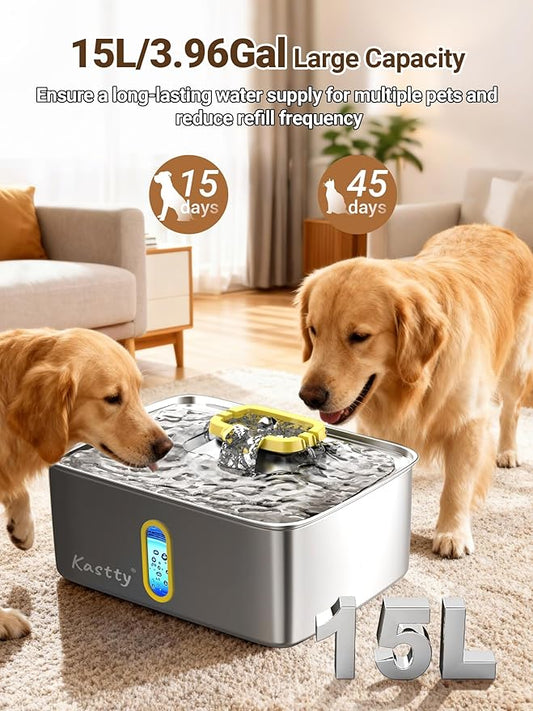 Kastty 15L/3.96 Gal Stainless Steel Dog Water Fountain, Large Capacity Dog Water Bowl Dispenser Quiet LED Light Triple Filtration Cat Water Fountain,Pet Water Fountain Easy Clean(FS78,Yellow)
