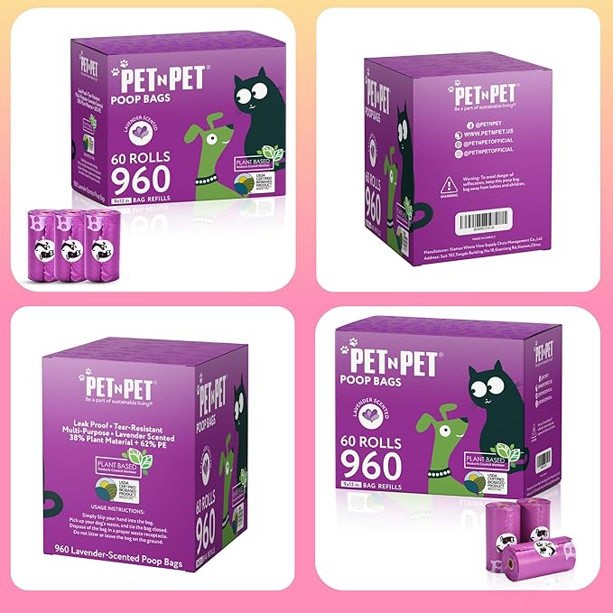 PET N PET Dog Poop Bags Scented, Value Pack 960 Count, Dog Bags Refill Rolls for Doggy Poo, Cat Litter Waste, Thick and Leak-Proof Sac CaCa Chien 41% Plant Based (Lavender)