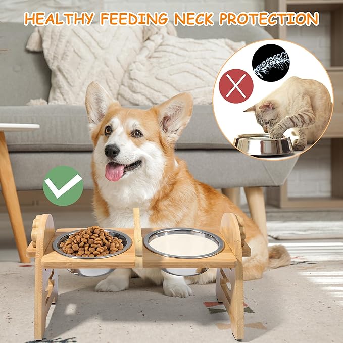 MCEAST Elevated Cat Bowls, Adjustable Raised Dog Bowls Stand with 2 Pieces 304 Stainless Steel Bowls, Bamboo Pet Elevated Bowl Cat Feeder for Newborn Cats Dogs Pets from 4.4 to 11 Pounds