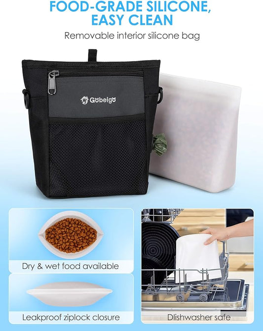 Gobeigo Dog Treat Pouch, Magnetic Closure & Sealable Silicone Bag Insert, 4-Cup Capacity – Belt Clip/Waist Belt/Crossbody Wear, Clicker Included – Great for Pet Training & Walking (Gray)