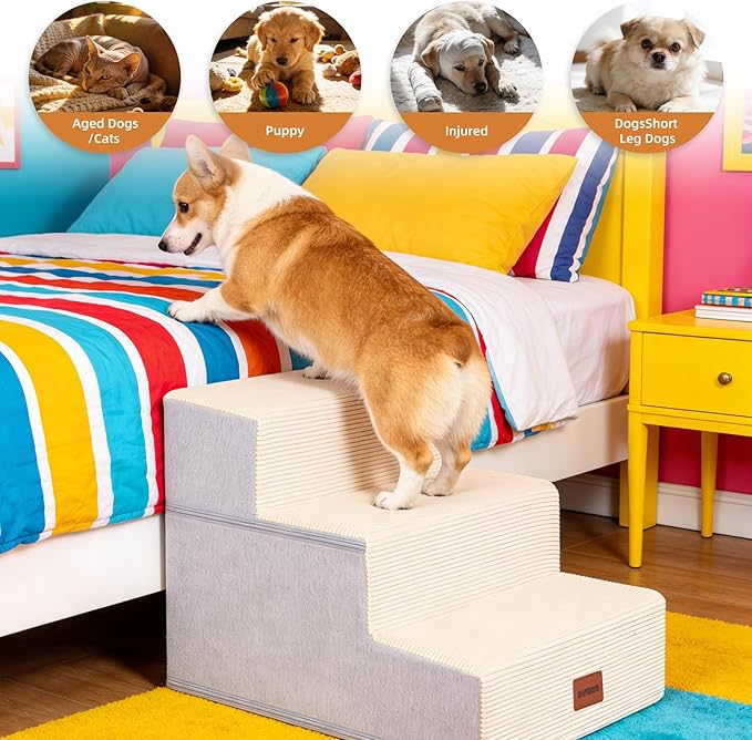 Dog Stairs for Small Dogs, 13.5" H, 3-Step Pet Steps for Couch Sofa and Chair, Non-Slip Balanced Pet Ramp for Medium Cats,Indoor Dog Ladder, Beige