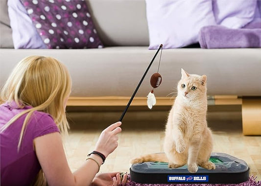 Pets First NFL Buffalo Bills Football Field CAT Scratcher Toy with Catnip Filled Plush Football Toy & Feather Cat Toy Hanging, with Jingle Bell Interactive Ball Cat Chasing 5-in-1 Kitty Toy
