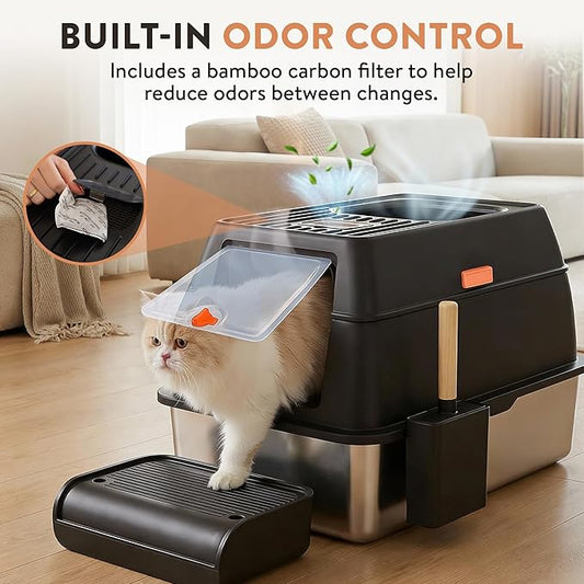 XL Stainless Steel Cat Litter Box with Enclosure and Pooper Scooper - Durable Black Metal Litter Box for Big Cats, High Sides for Anti-Leakage, Never Absorbs Odors, Non-Sticky - (60x40cm) (Black)