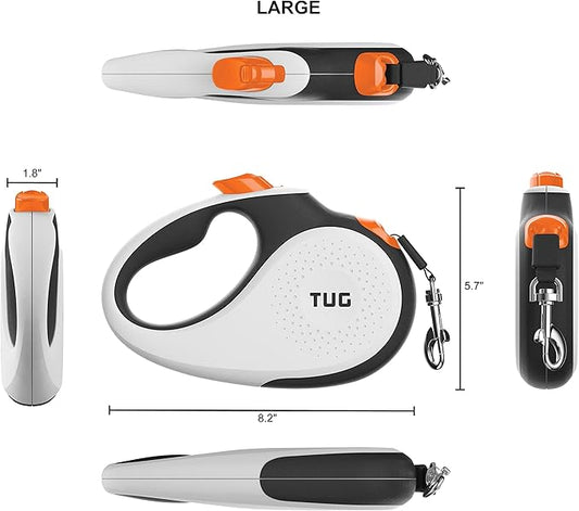 TUG 360° Tangle-Free Retractable Dog Leash with Waste Bag Dispenser (Large, White/Orange)