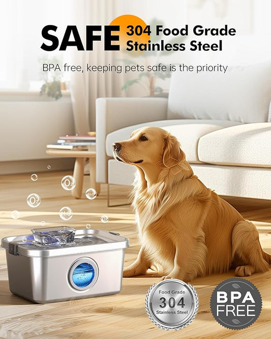 Dog Water Fountain, 2 Gallon 304 Stainless Steel Large Pet Water Fountain for Dogs & Cats, Ultra Quiet Indoor Pet Fountain, Safety Lock, 3 Replacement Filters Included, Smart Pump Protection