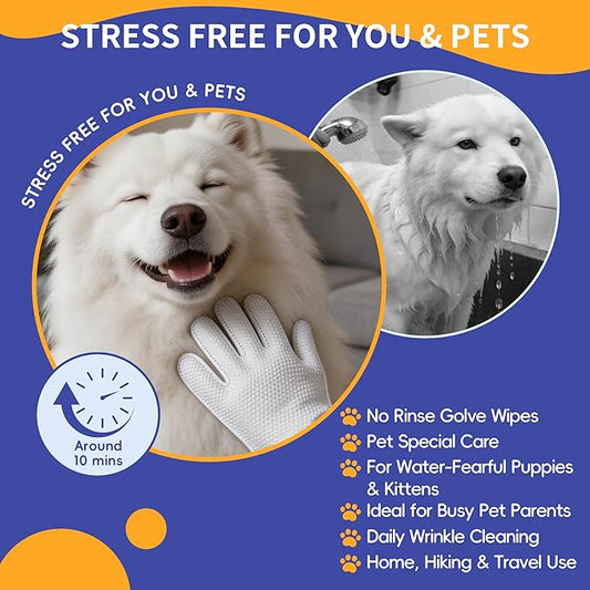 Pet Glove Wipes for Dogs Cats, Grooming Deodorizing Puppy Face Paws Fur and Butt Gloves Wipe, Unscented Extra Thick Travel Cleaning Care Hypoallergenic No Rinse Disposable Bathing Dog Wipes, 24 Pcs