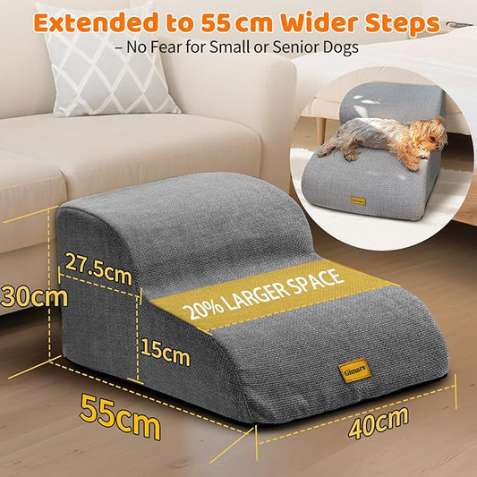 Gimars Upgraded 55CM Long Wide Steps 2 Step Dog Stairs for Small, Medium & Senior Dogs, 30CM High Ramp with 33D High-Density Foam, Linen Cover, Non-Slip Base, Supports 30KG, for Bed & Sofa