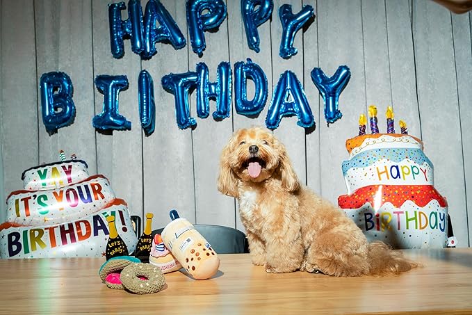 PAWTY Birthday Bone Dog Toy - Funny Interactive Tug Rope Squeaky Dog Birthday Gift - Plush Pink Bone Toy for Small Medium Dogs - Dog Birthday Party Supplies