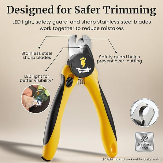 LED Dog Nail Clippers with Light, Trimmers with Protective Guard, Quick Sensor, Safety Lock and Nail File - Suitable for Large and Small Dogs & Cats (Yellow, LED)
