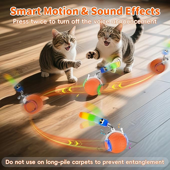 UPSKY Interactive Cat Toy Ball - Automatic Interactive Cat Toys for Indoor Cats, 3-Speed Modes Smart Kitten Toys with Sounds, Rechargeable Cat Ball for Bored Indoor Adult Cats (Orange)