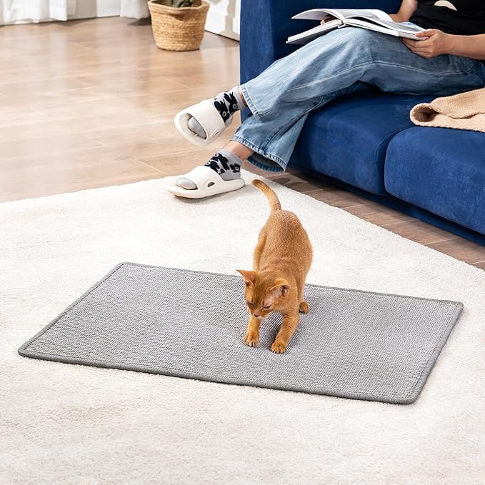 Cat Scratcher Mat,Natural Sisal Cat Scratch Pad with Hook&Loop Tape,Horizontal Floor Kitty Scratching Pads Rug for Indoor, Furniture Protector for Couch&Carpets&Sofas, Large, Grey, 2 Pack