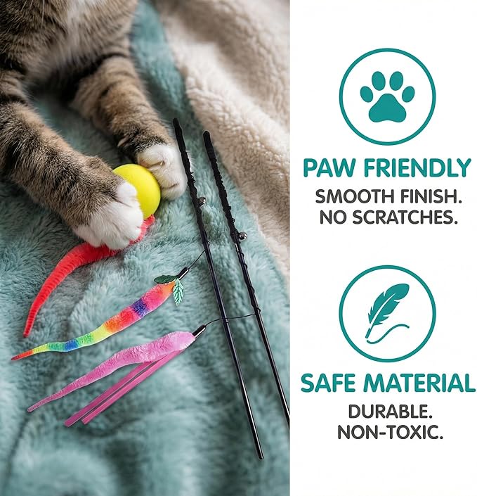 Interactive Cat Wand Toy Set - 4 Pack Entry Level with Bouncy Balls, Worm Teasers & Rainbow Bug Attachments for Indoor Cats & Kittens