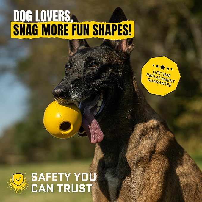 Virtually Indestructible Wobble Chew Toy - Lifetime Replacement - Tough, Durable Ball for Aggressive Chewers - Safe Non-Toxic Natural Rubber - Chew, Treats, Fetch - Med/Large Breed - 5"x4"