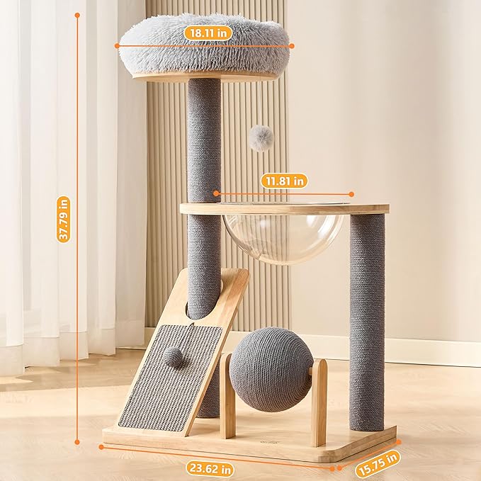 HITTITE Solid Wood Cat Tree Tower with Scratching Post, 37.8 Inches Tall Cat Towers with Scratching Board and Scratcher Ball, Modern Cat Tower With Space Capsule and Removable Top Bed for Indoor Cats.