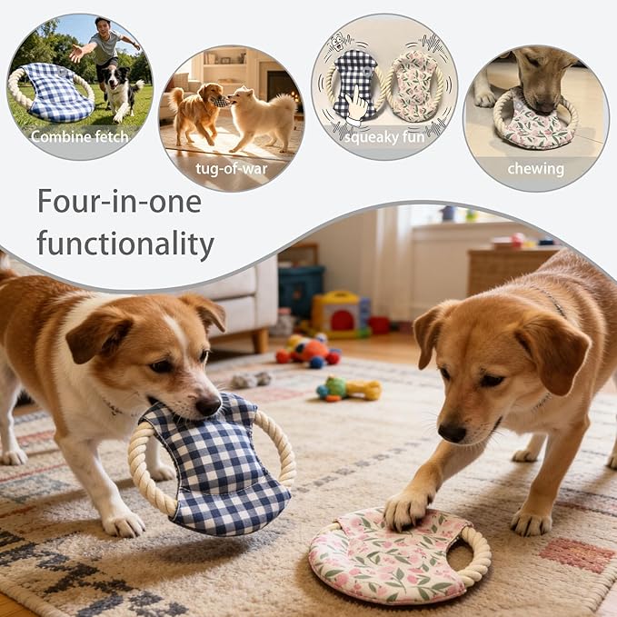 Dog Frisbees Cotton Rope Toys Flying Discs 2 Pack, Teething, Soft Polyester Squeaker Toy for Training,Throwing and Interacting for Anti Boredom & Anxiety, Easy to Clean