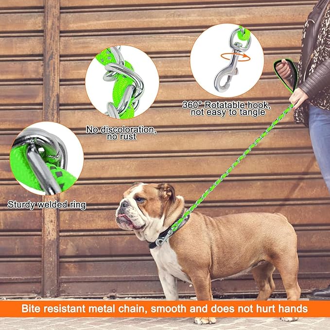 HOMIMP Chew Proof Dog Leash for Medium Large Dogs, Reflective 6 FT Heavy Duty Metal Chain Dog Leashes with Soft Padded Handle, Anti Bite Durable Rope Leashes for Pitbull, Non Chewable