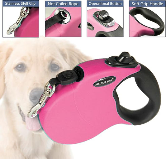 Retractable Dog Leash Hands-Free Adjustable Length 16ft with Safety Lock Durable Nylon Belt for Small Medium Large Dogs Easy Walk Training Portable Dog Leash Pink L