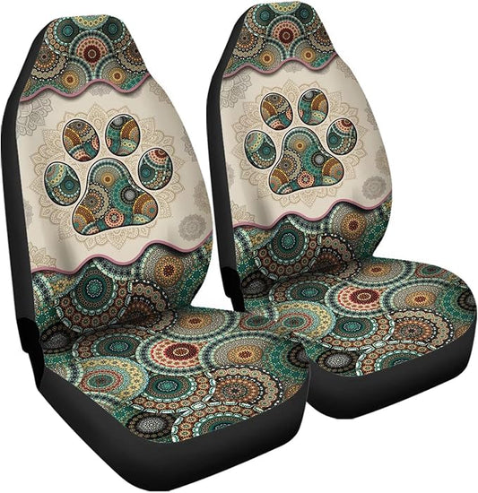 Universal Bucket Seats Cover Protector, 2 PCS Colorful Green Boho Mandala Dog Paw Print Waterproof Durable Auto Interior Accessory for Car Truck SUV