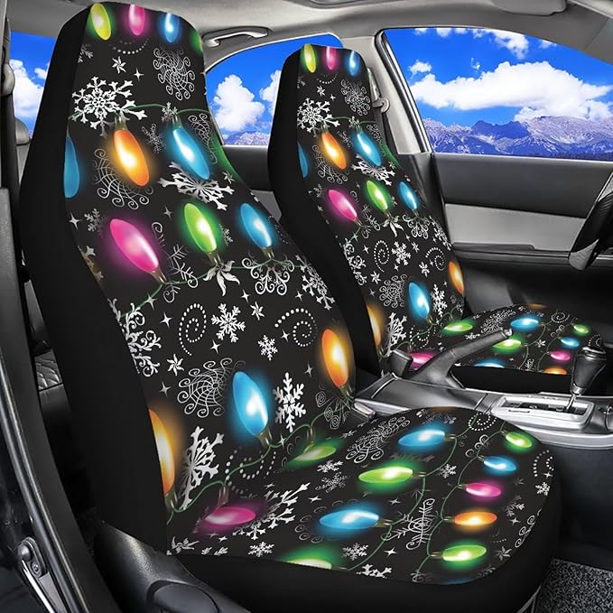 Christmas Lights Car Seat Covers Full Set of 2, Cloth Seat for Auto Front Seats, Black Bucket Seat Covers for Cars Washable and Breathable Car Accessories for Sedan Truck SUV