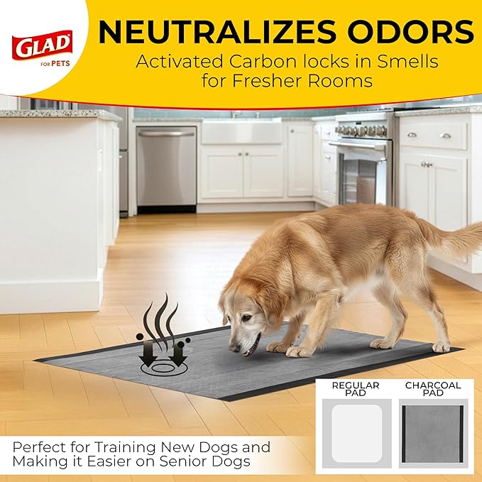 Glad for Pets Extra Large Charcoal Dog Training Pads, Absorbent Leak Proof Pee Pads for Dogs and Puppies, Odor Control Potty Pads with Activated Carbon, 28 x 30 Inches, 50 Count - 4 Pack