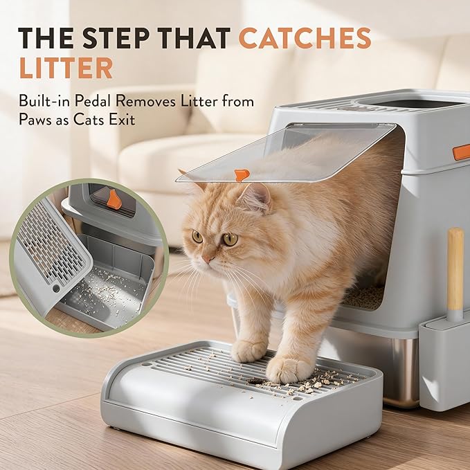 XL Stainless Steel Cat Litter Box with Enclosure and Pooper Scooper - Durable Black Metal Litter Box for Big Cats, High Sides for Anti-Leakage, Never Absorbs Odors, Non-Sticky - (60x40cm) (Gray)