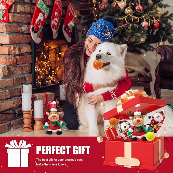 Christmas Dog Toy Set, 5 Pack Plush & Balls with Gift Bag β Reindeer, Santa, Hedgehog & Tennis Balls, Squeaky Durable Toys for Small Medium Dogs, Holiday Pet Gift Bundle