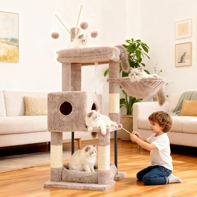 Heybly Cat Tree, 45.3-Inch Cat Tower for Indoor Cats with Large Perch, All-in-One Cat Furniture with Cozy Bed, Hidden Space Cat Condo, Comfy Hammock, Scratching Posts & 3 Pompoms, Muchroom HCT202SMU