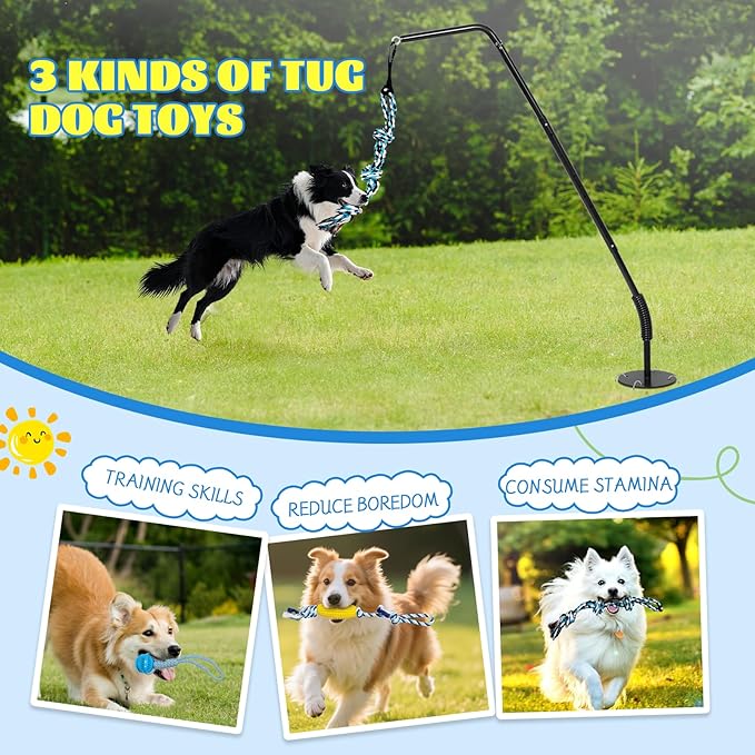 Outdoor Dog Tug Toy Reinforced Spring Rod with Durable chew-Resistant Rope for Independent Play and Interactive Fun in Yards and lawns Adjustable Height for Medium to Large Breeds Black